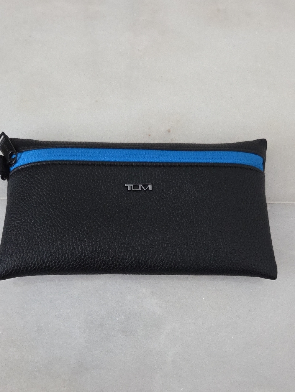 Tumi Black Leather Zip Pouch with Bright Blue Trim NEW!!